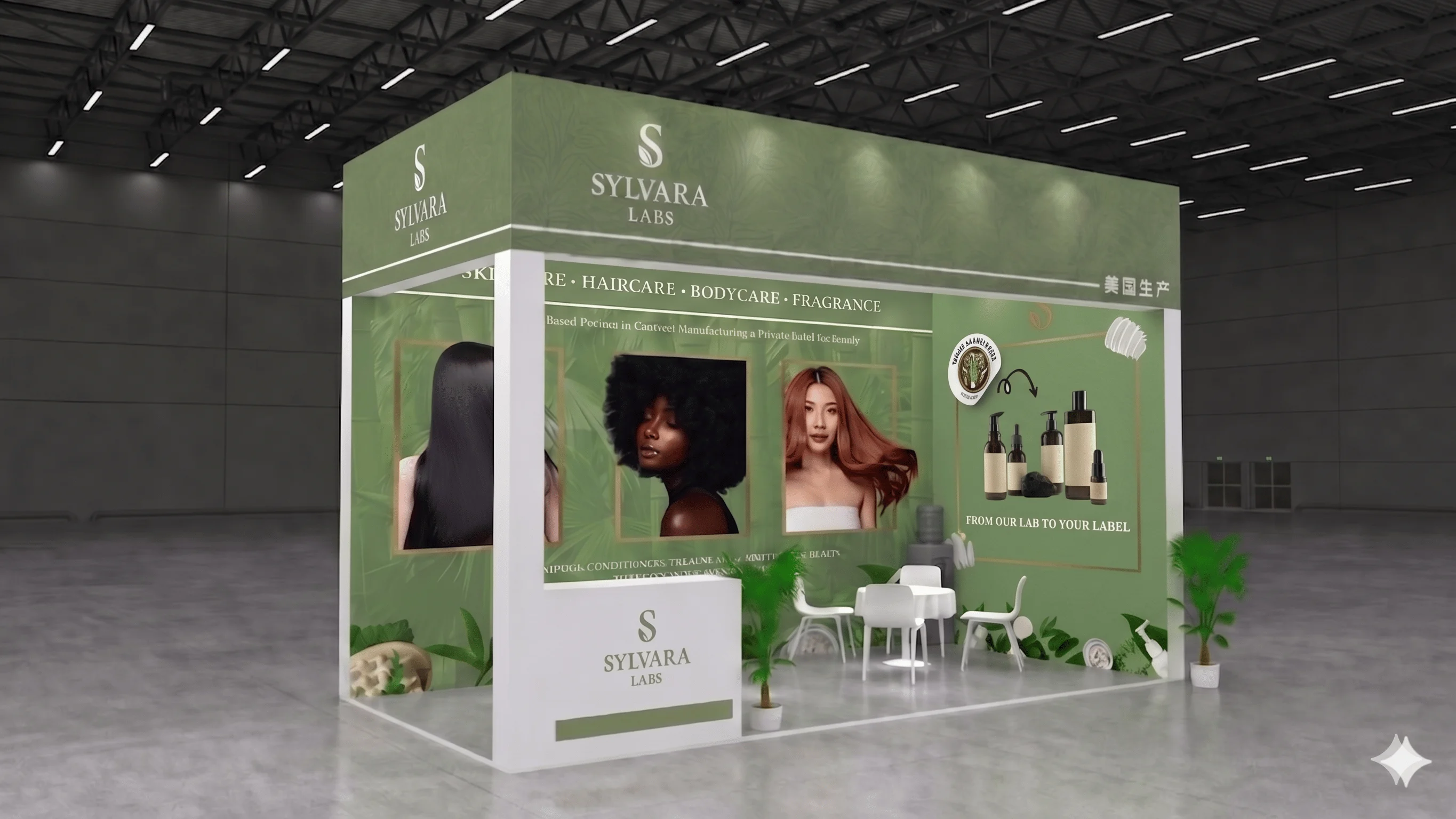 Sylvara Labs booth concept render — sage green, gold-framed key visual, reception counter