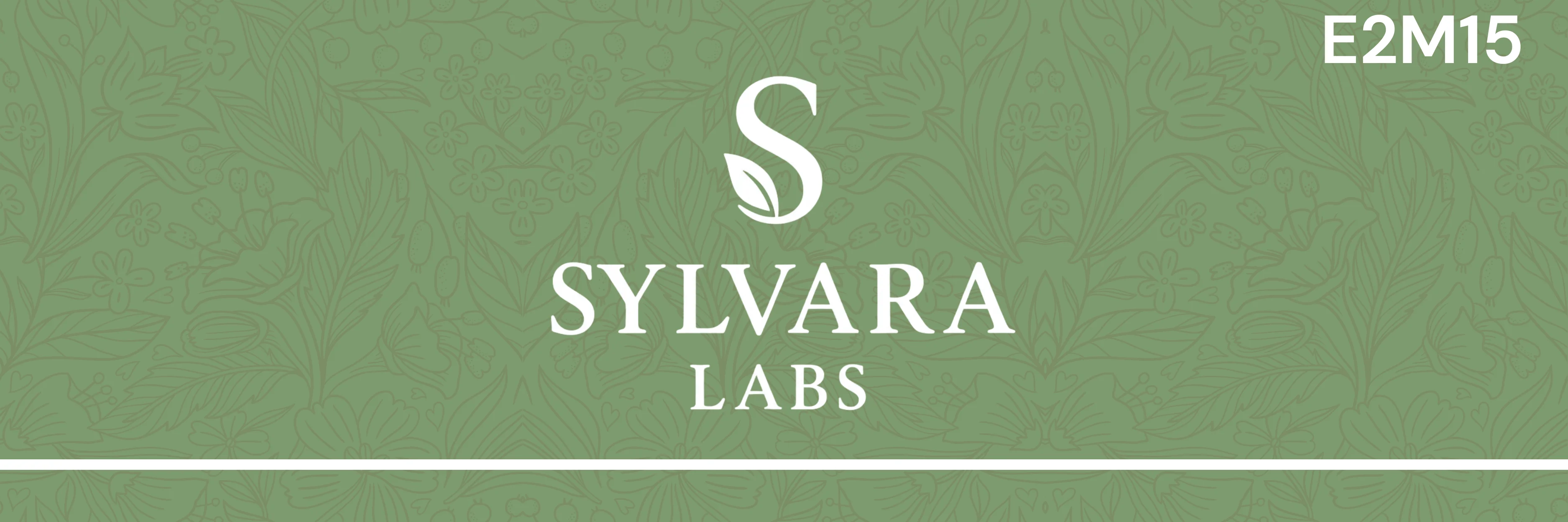 Sylvara Labs side booth header band — floral pattern, logo, E2M15